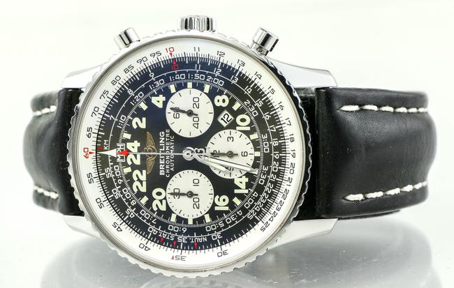 Breitling Stainless Steel and Black Leather Cosmonaute Navitimer Watch