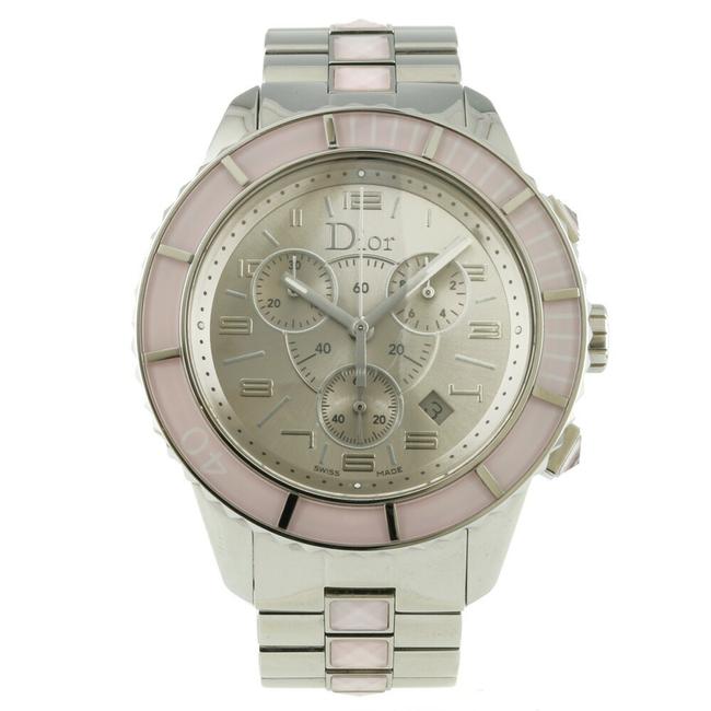 Dior Crystal Chronograph Cd114314 Silver Pink Womens Mens Stainless Steel Watch