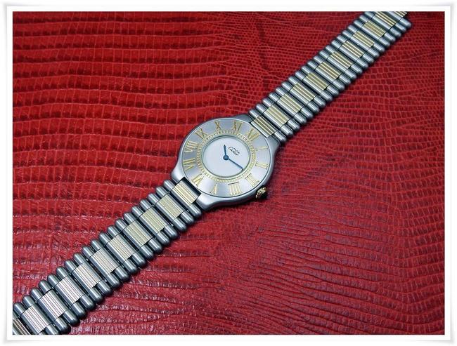 Cartier Ivory with Blue Steel Hands W Midsize Must De 21c 18kgp & St.steel Quartz W/Bracelet Watch