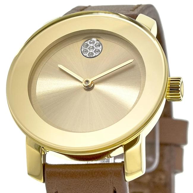 Movado Gold Brown Leather Strap Crystal Dot Womens Quartz 3600437 Watch