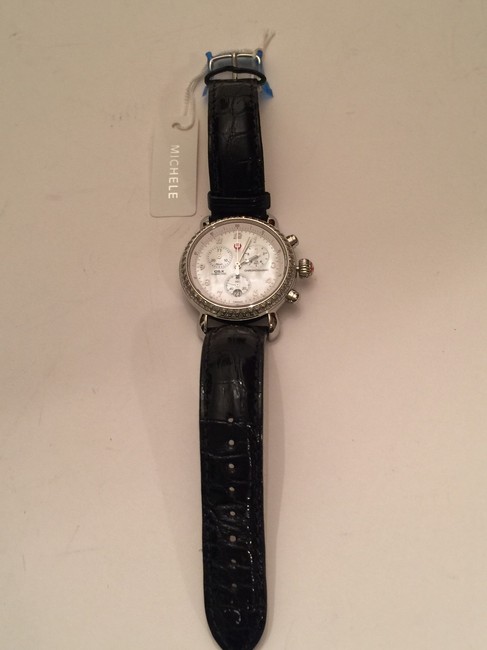 Michele Silver Csx 36 Ladies Diamond Gt Black Leather Chrono Quartz Watch