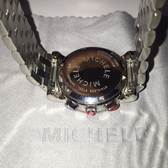 Michele Sport Sail 38mm black dial watch case woth 20mm wide silver bracelet.