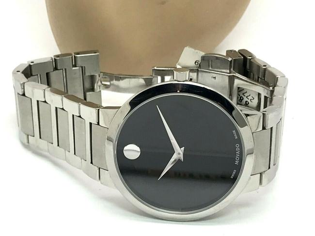 Movado Silver & Black Museum 0607119 Swiss Dial Tone S. Steel Mens Watch