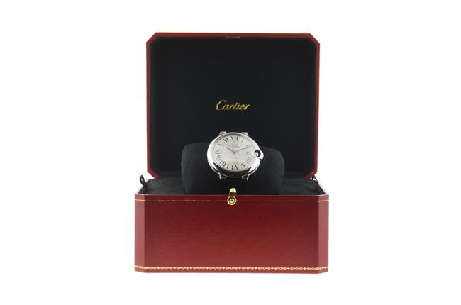 Cartier Silver Ballon Bleu 42mm Stainless Steel Leather Strap Mens Watch