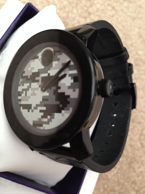 Movado Black / Gray Bold Camouflage Dial Rustic Leather Watch
