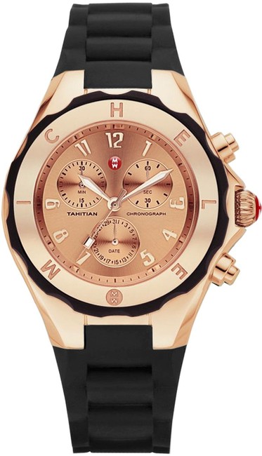 Michele Rose Gold Black Jelly Tahitian Silcone Stainless Steel Chronograph Mww12f000035 Watch