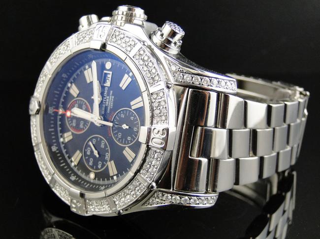 Breitling Stainless Steel XL Mens Custom Super Avenger A13370 Genuine Diamond 2.5 Ct Watch