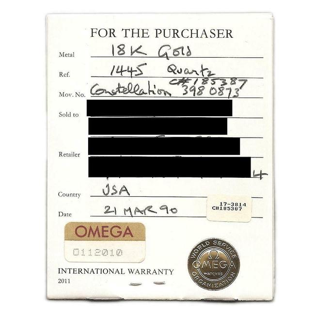 Omega 64173 Constellation 18k Gold Day Date Mens Chronograph 1445 Paper Watch