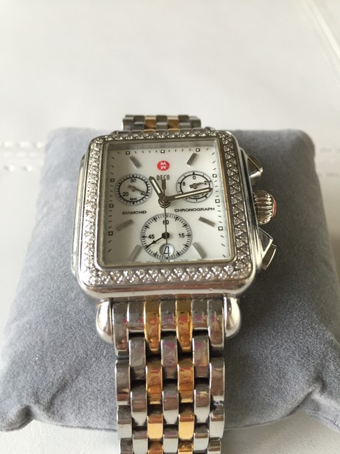 Michele Silver Stainless with 18k Gold Plated Signature Deco Diamond Bezel Chronograph Two Tone Bracelet Watch