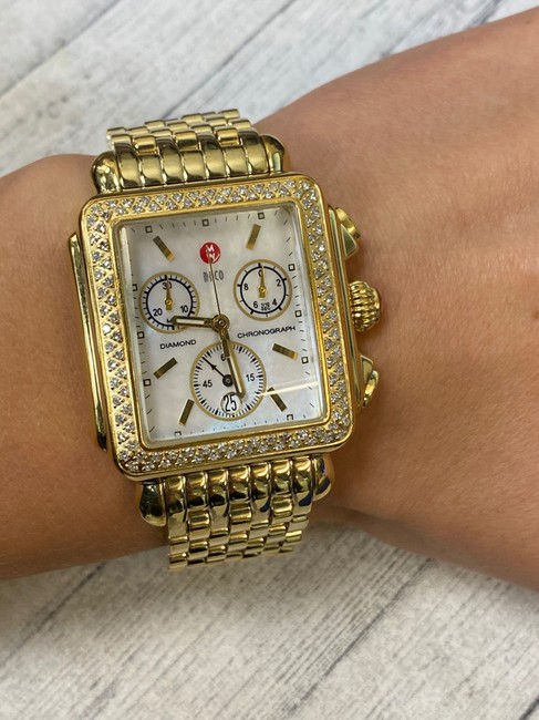 Michele Mother Of Pearl Deco 33mm Steel Gold Tone Diamond 0.60cttw Mw06a01b0025 Watch Michele Mother Of Pearl Deco 33mm Steel Gold Tone Diamond 0.60cttw Mw06a01b0025 Watch