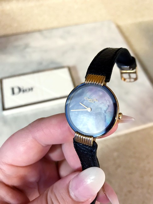 Dior Black and Gold Rare Vintage Crystal Mother Of Pearl Leather Plate Watch Dior Black and Gold Rare Vintage Crystal Mother Of Pearl Leather Plate Watch