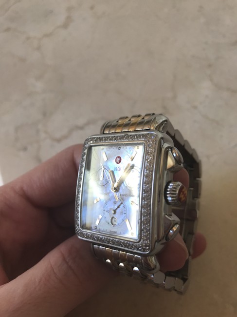 Michele Silver and Gold and Diamonds Deco Classic In Stainless Steel Mother Of Pearl Dial Watch Michele Silver and Gold and Diamonds Deco Classic In Stainless Steel Mother Of Pearl Dial Watch