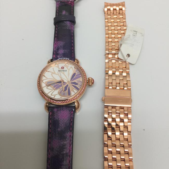 Michele Rose Gold Garden Party Topaz Purple Diamond Butterfly with Bracelet( Also Extra Purple Leather Bands Watch Michele Rose Gold Garden Party Topaz Purple Diamond Butterfly with Bracelet( Also Extra Purple Leather Bands Watch