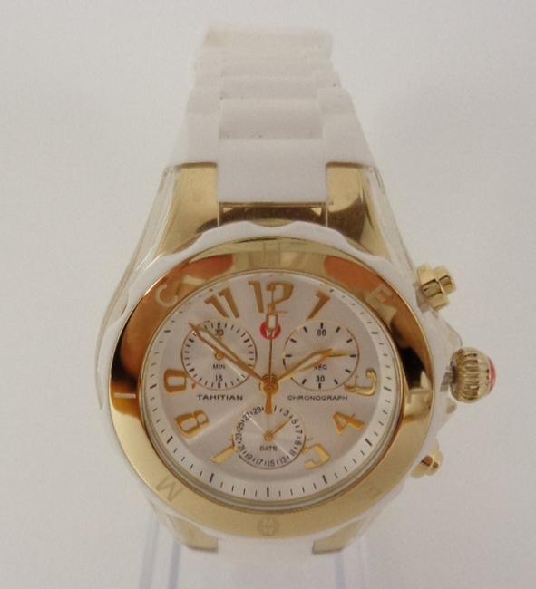 Michele White/Gold Jelly Mww12f000077 Womens Bean Chrono Tone Silicon Bracelet New Watch Michele White/Gold Jelly Mww12f000077 Womens Bean Chrono Tone Silicon Bracelet New Watch