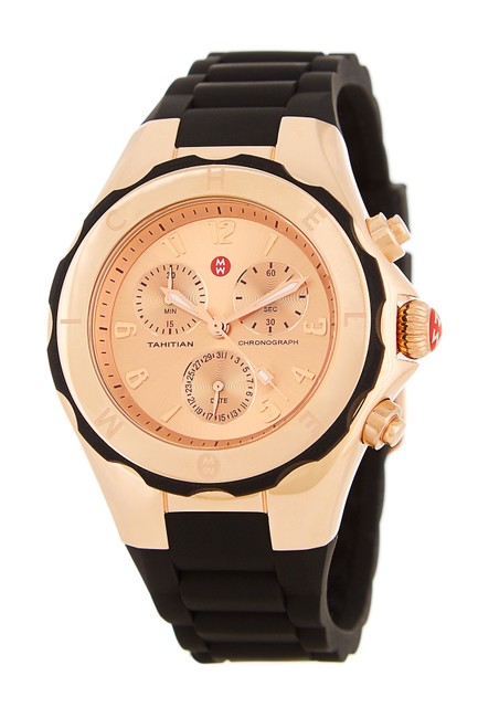 Michele Rose Gold Black Jelly Tahitian Silcone Stainless Steel Chronograph Mww12f000035 Watch Michele Rose Gold Black Jelly Tahitian Silcone Stainless Steel Chronograph Mww12f000035 Watch