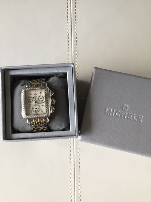 Michele Silver Stainless with 18k Gold Plated Signature Deco Diamond Bezel Chronograph Two Tone Bracelet Watch Michele Silver Stainless with 18k Gold Plated Signature Deco Diamond Bezel Chronograph Two Tone Bracelet Watch