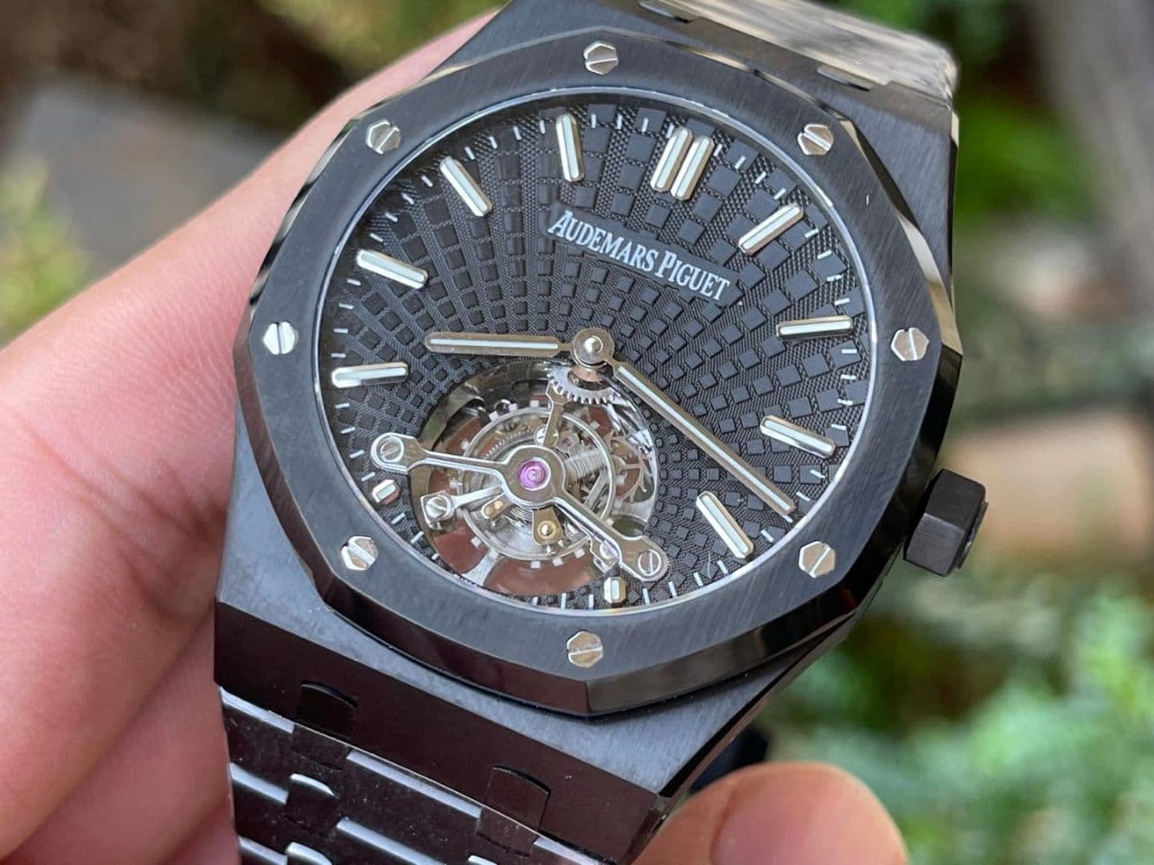 Royal Oak PVD Tourbillon R8F v2 Best Edition Black Sunburst Tapisserie Dial on PVD Bracelet