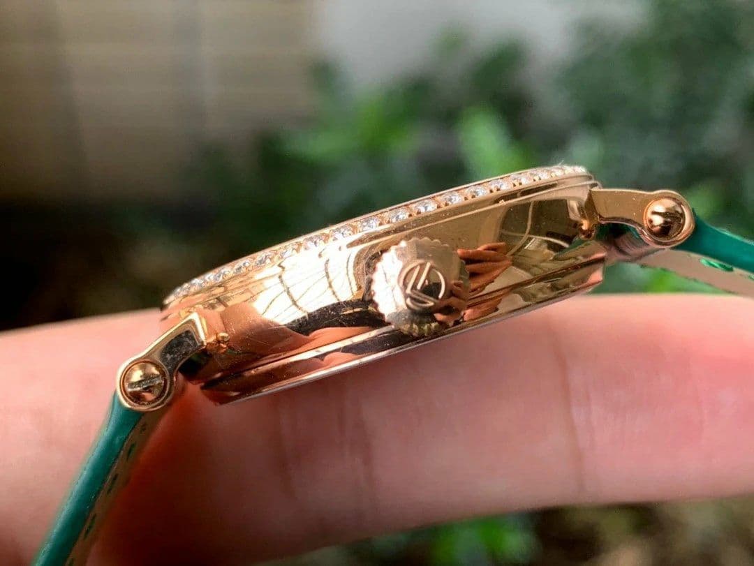 Color Dreams Tourbillon RG Diamond Bezel Arabic Numerals Markers on Green Croco Leather Strap