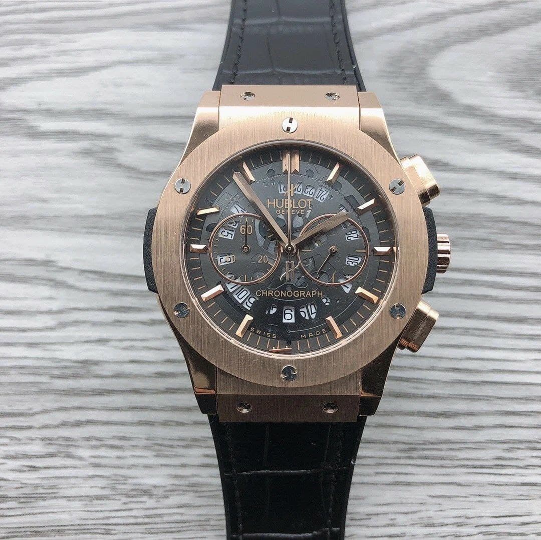 Hublot Chrono Gold Black Hight Version on Black Leather Strap