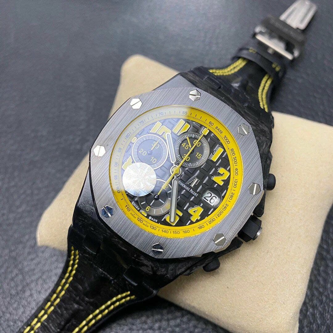 Royal Oak Offshore Bumble Bee Forged Carbon 1:1 JF Best Edition on Leather Strap A7750 V2 w/ Cyclops and DW Mod Royal Oak Offshore Bumble Bee Forged Carbon 1:1 JF Best Edition on Leather Strap A7750 V2 w/ Cyclops and DW Mod