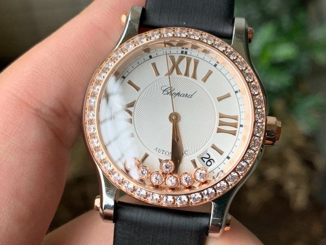 Happy Sport 36mm RG OXF 1:1 Best Edition Diamonds Bezel Black Dial on Black Leather Strap A2892
