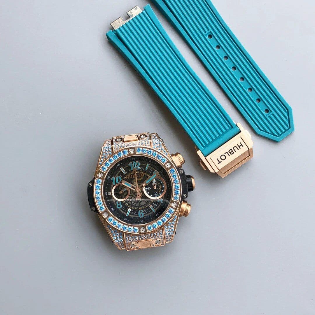 Big Bang Unico Diamond HBF 1:1 Best Edition Gold Skeleton Dial Rainbow Bezel on Blue Rubber Strap A1242