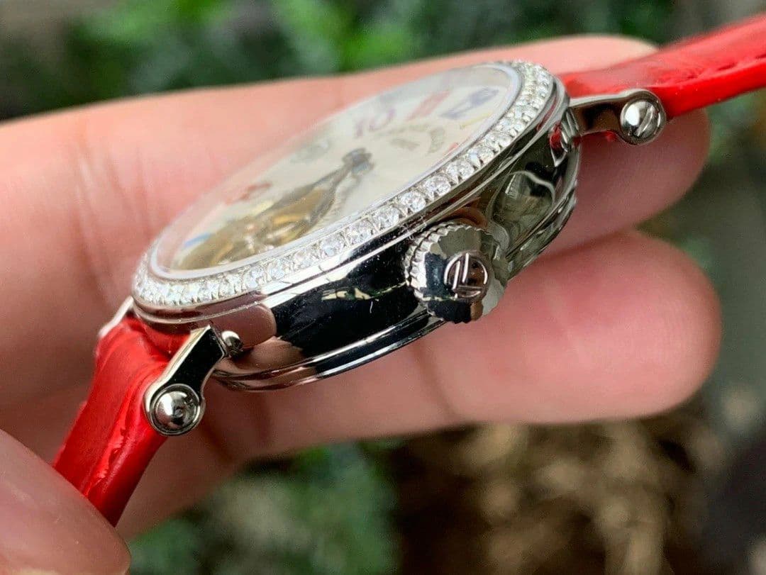 Color Dreams Tourbillon SS Diamond Bezel Arabic Numerals Markers on Red Croco Leather Strap
