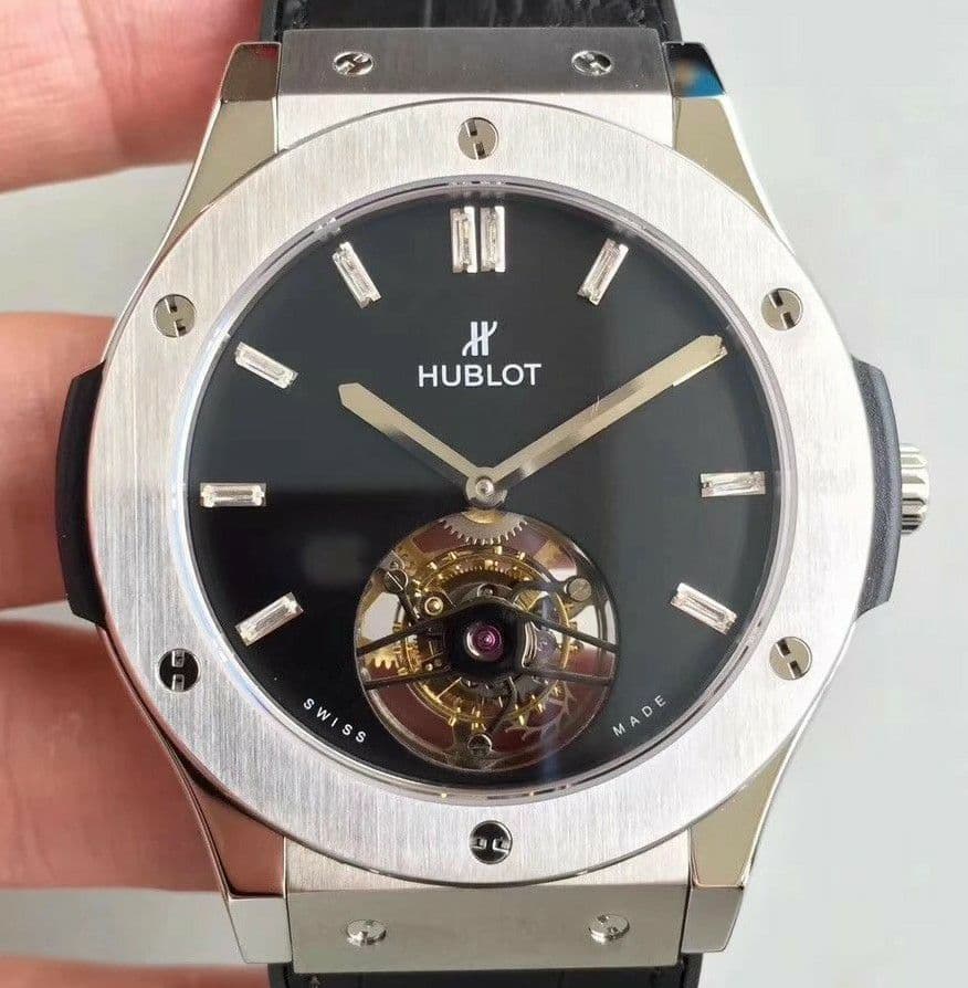 Classic Fusion Tourbillon 45mm SS Black Dial Crystal Markers on Black Gummy Strap