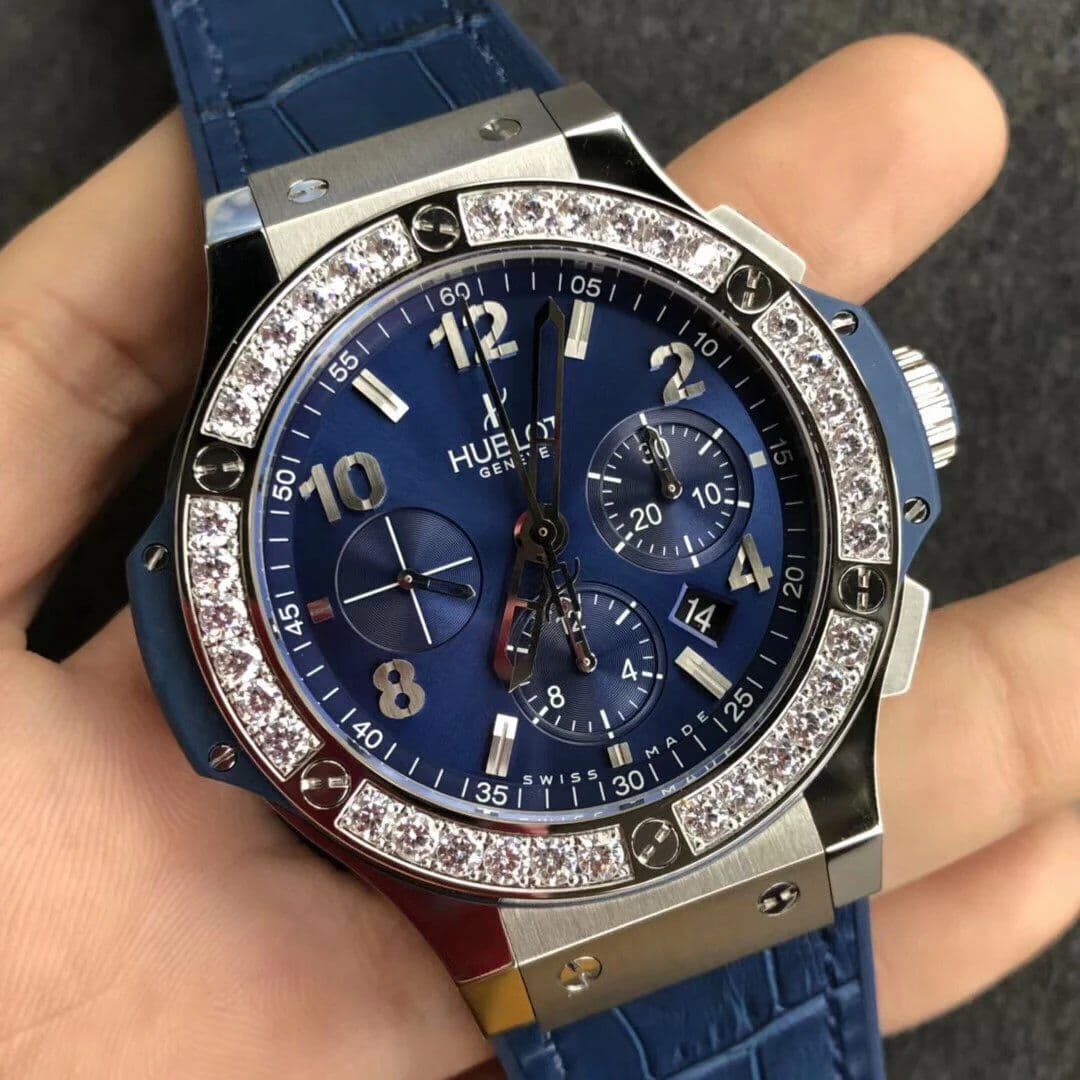 Big Bang 44mm SS Blue Dial Diamond Bezel on Blue Leather Strap HUB4104 Big Bang 44mm SS Blue Dial Diamond Bezel on Blue Leather Strap HUB4104