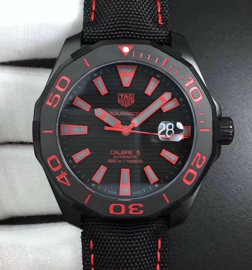 Aquaracer Calibre 5 PVD 43mm V6F 1:1 Best Edition Black/Red Dial on Brown Nylon Strap A2824 Aquaracer Calibre 5 PVD 43mm V6F 1:1 Best Edition Black/Red Dial on Brown Nylon Strap A2824