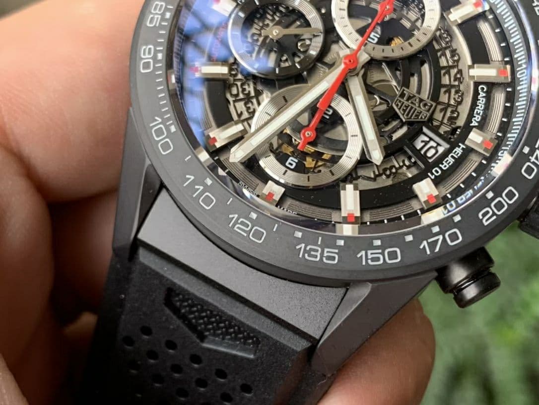 Calibre Heuer 01 Chrono 43mm Ceramic XF 1:1 Best Edition Skeleton Dial Red Hand on Black Rubber Strap A1887