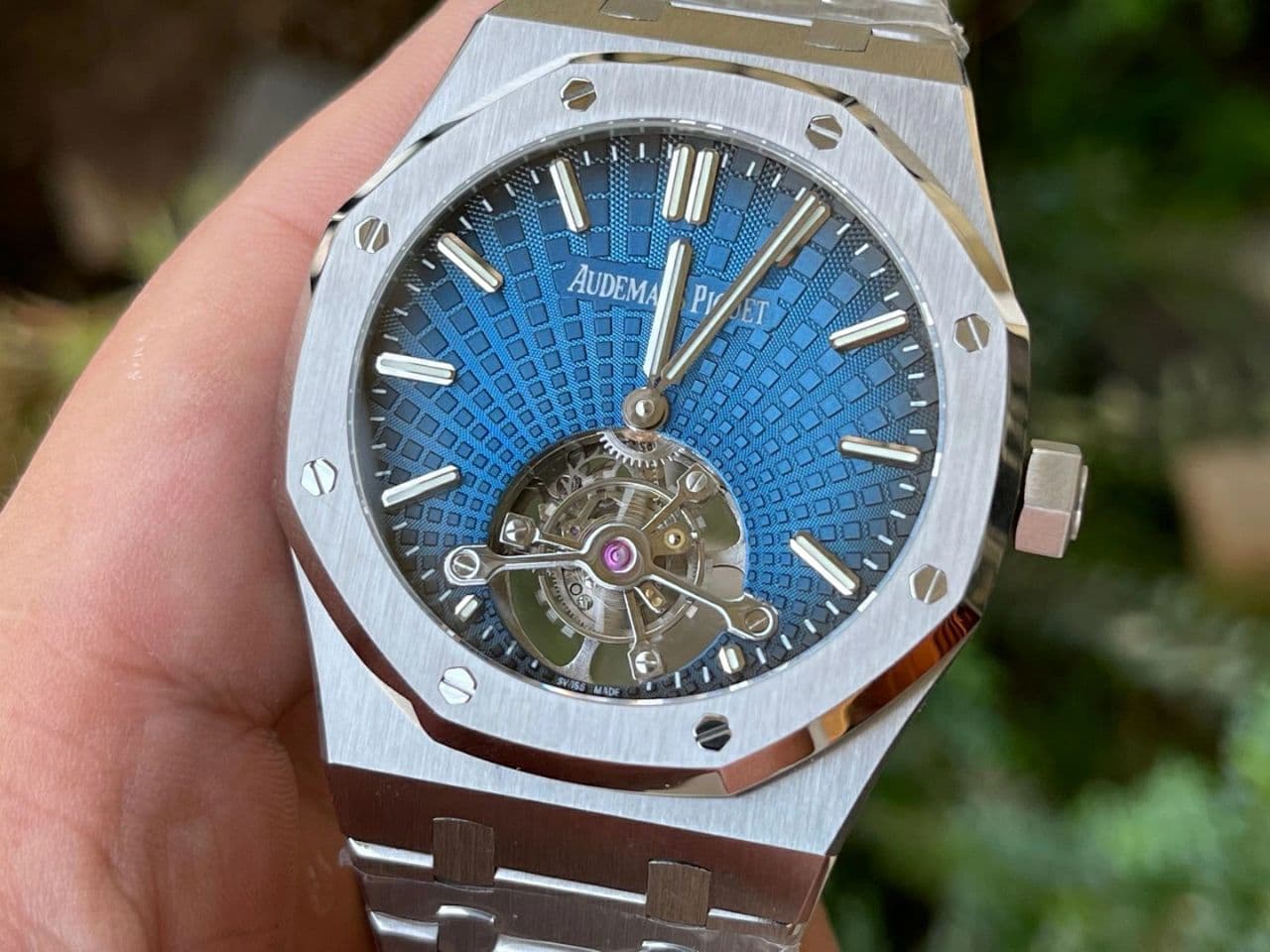 Royal Oak PVD Tourbillon R8F v2 Best Edition SS Sunburst Tapisserie Blue Dial on PVD Bracelet