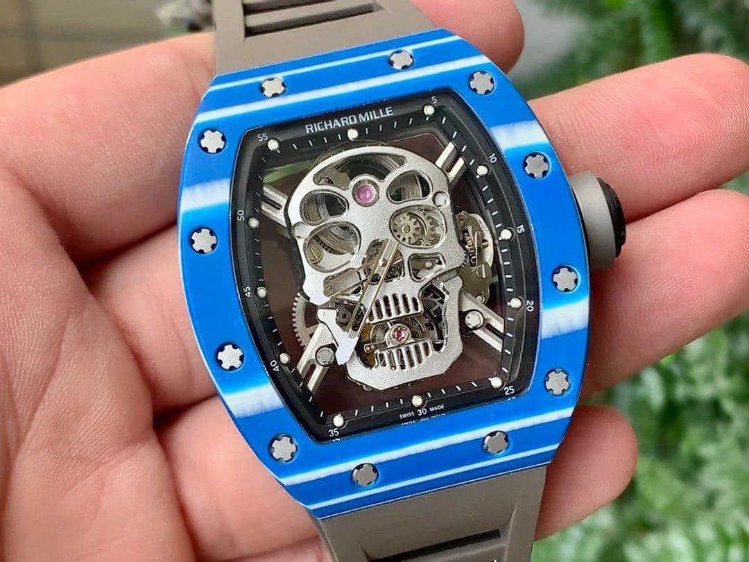 RM052-01 Tourbillon PVD Blue Bezel JBF Best Edition Skeleton Dial on Gray Rubber Strap
