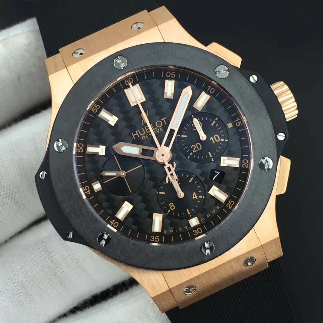 Big Bang 44mm Full Gold Case Black Dial on Black Gummy Strap HUB4104