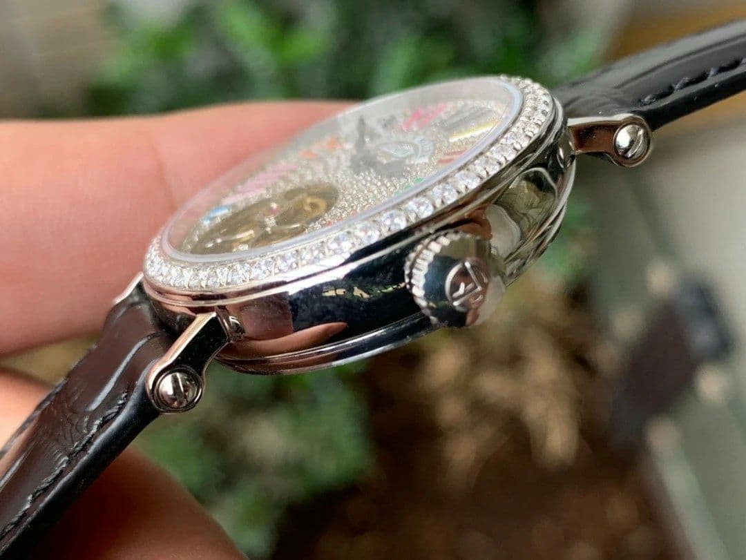 Color Dreams Tourbillon SS Diamond Roman Numerals Markers on Black Croco Leather Strap