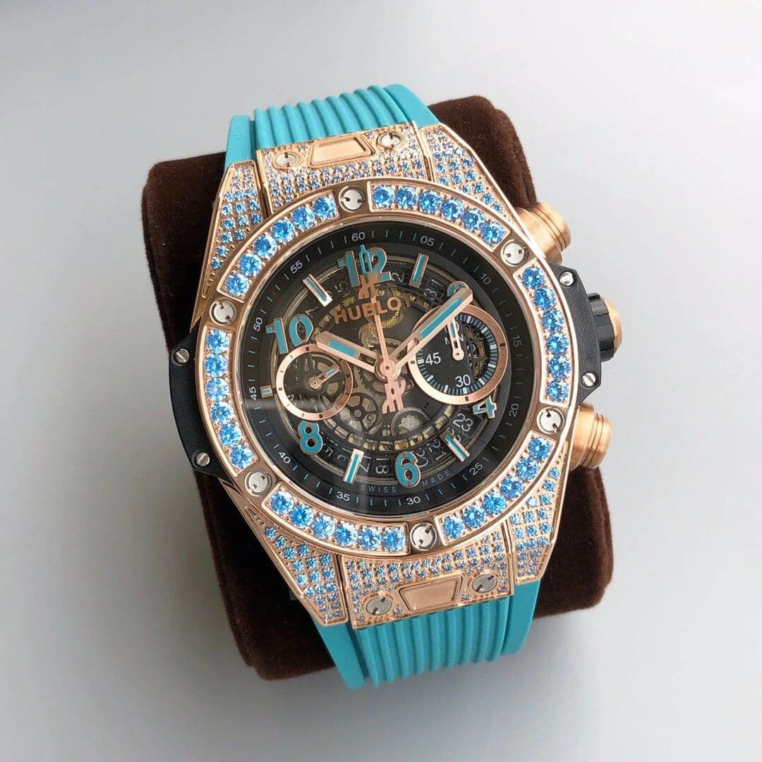 Big Bang Unico Diamond HBF 1:1 Best Edition Gold Skeleton Dial Rainbow Bezel on Blue Rubber Strap A1242 Big Bang Unico Diamond HBF 1:1 Best Edition Gold Skeleton Dial Rainbow Bezel on Blue Rubber Strap A1242
