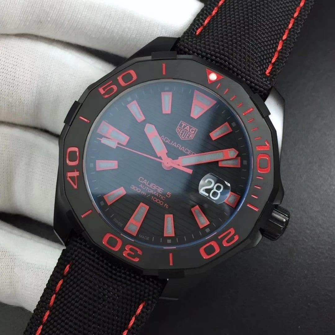 Aquaracer Calibre 5 PVD 43mm V6F 1:1 Best Edition Black/Red Dial on Brown Nylon Strap A2824 Aquaracer Calibre 5 PVD 43mm V6F 1:1 Best Edition Black/Red Dial on Brown Nylon Strap A2824