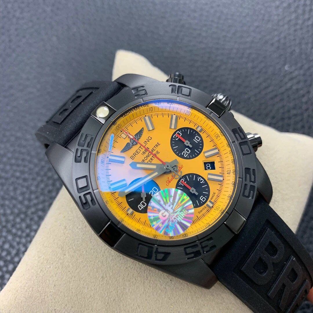 Chronomat 44mm Blacksteel GF 1:1 Special Edition Yellow Dial on Black Rubber Strap Chronomat 44mm Blacksteel GF 1:1 Special Edition Yellow Dial on Black Rubber Strap
