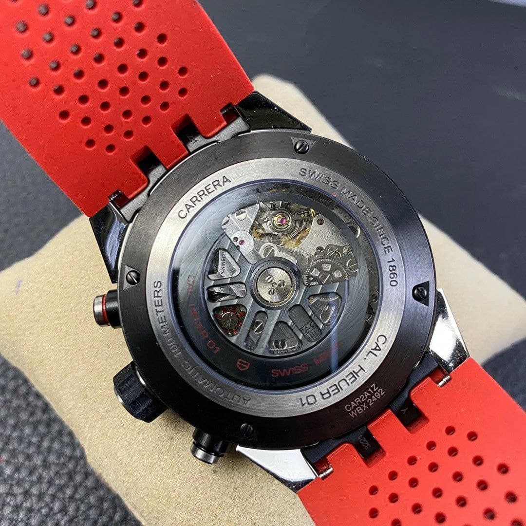 Calibre Heuer 01 Chrono SS/PVD XF 1:1 Best Edition Skeleton Dial Red Hand on Red Rubber Strap Calibre Heuer 01 Chrono SS/PVD XF 1:1 Best Edition Skeleton Dial Red Hand on Red Rubber Strap