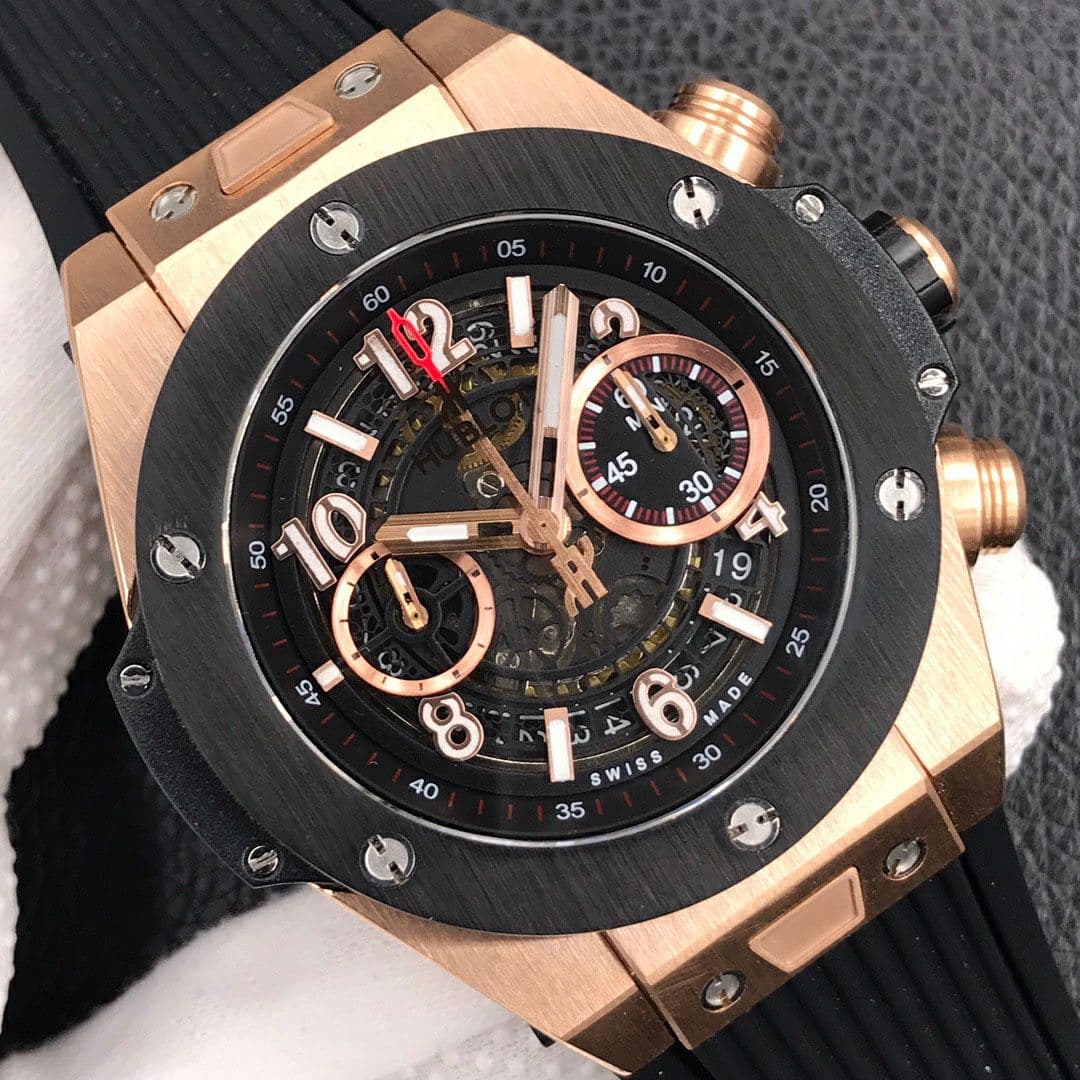 Big Bang Unico 45.5mm SS Gold Bezel Skeletonal Dial on Black Rubber Strap HUB1220 Big Bang Unico 45.5mm SS Gold Bezel Skeletonal Dial on Black Rubber Strap HUB1220