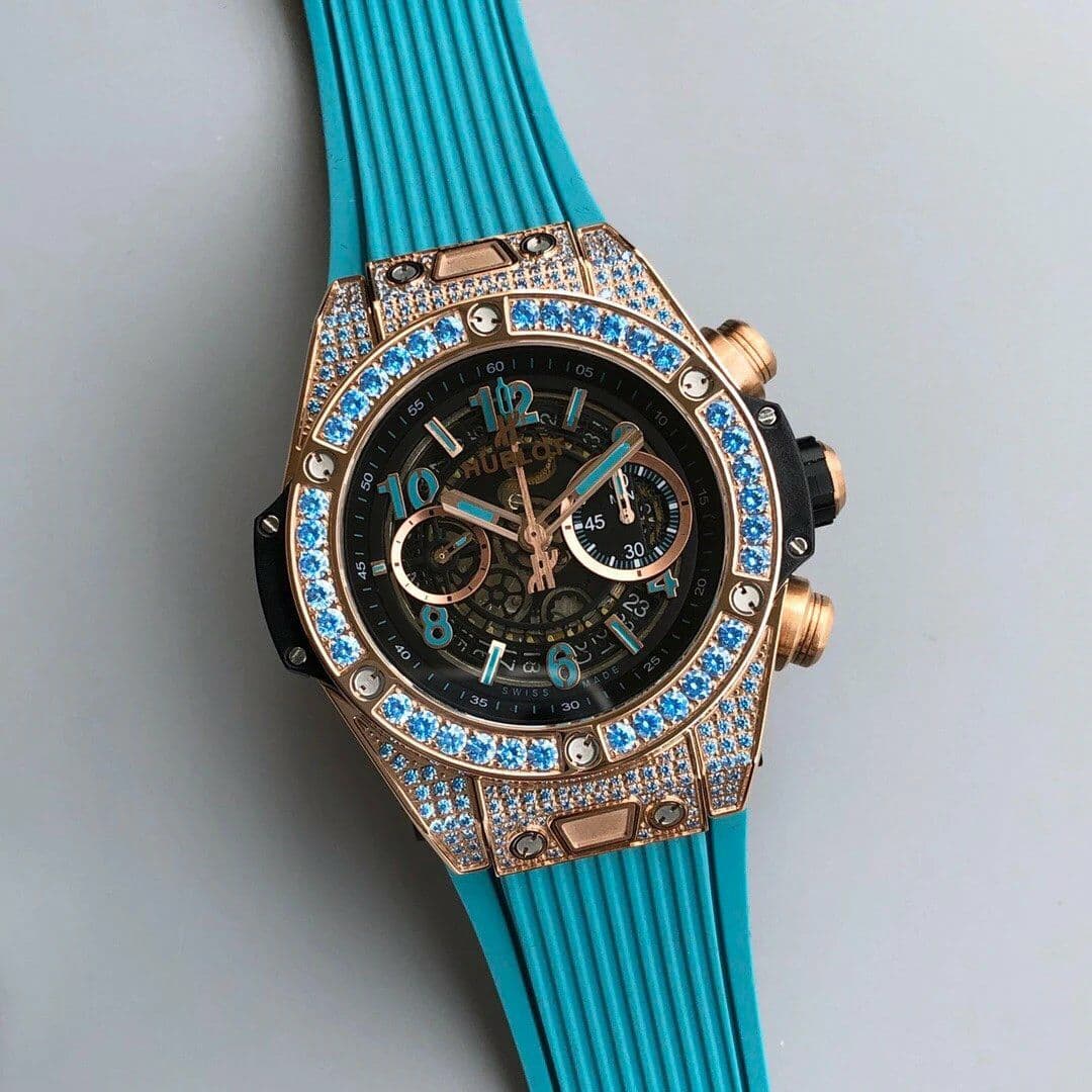 Big Bang Unico Diamond HBF 1:1 Best Edition Gold Skeleton Dial Rainbow Bezel on Blue Rubber Strap A1242 Big Bang Unico Diamond HBF 1:1 Best Edition Gold Skeleton Dial Rainbow Bezel on Blue Rubber Strap A1242