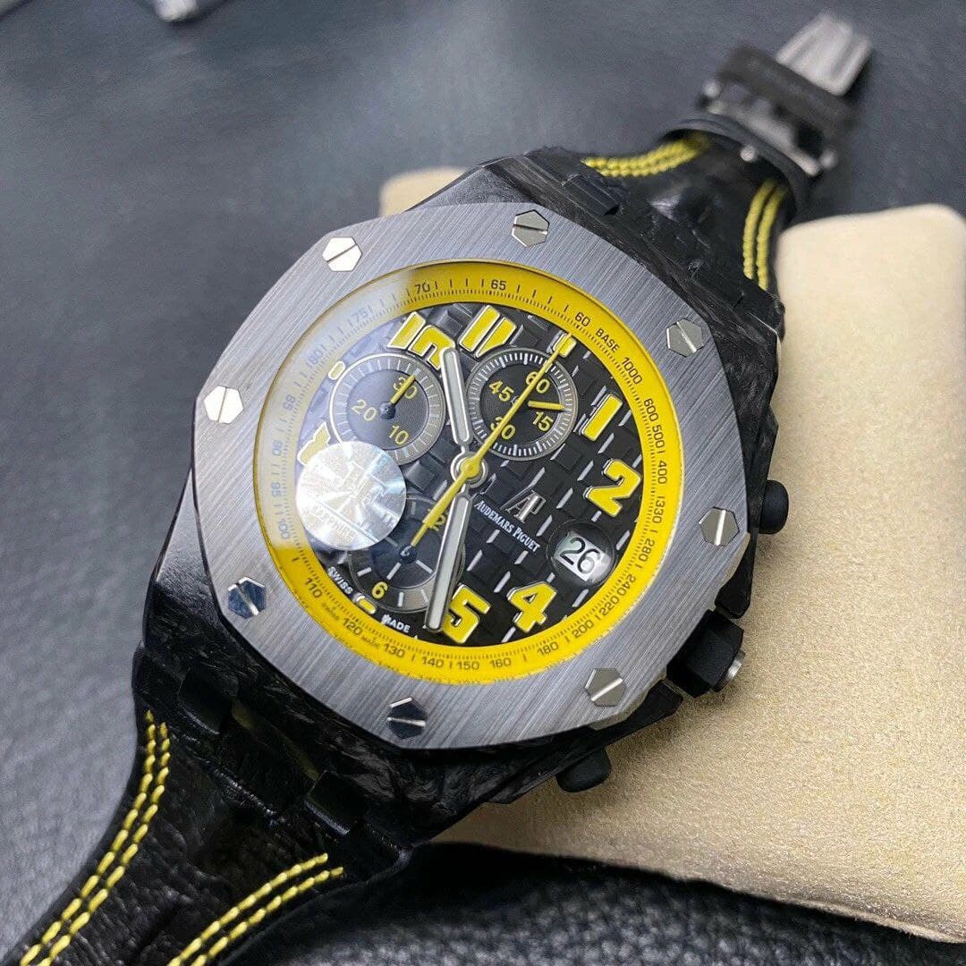 Royal Oak Offshore Bumble Bee Forged Carbon 1:1 JF Best Edition on Leather Strap A7750 V2 w/ Cyclops and DW Mod Royal Oak Offshore Bumble Bee Forged Carbon 1:1 JF Best Edition on Leather Strap A7750 V2 w/ Cyclops and DW Mod