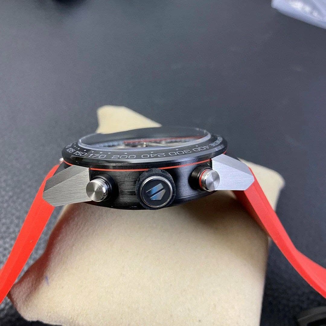 Calibre Heuer 01 Chrono SS/PVD XF 1:1 Best Edition Skeleton Dial Red Hand on Red Rubber Strap Calibre Heuer 01 Chrono SS/PVD XF 1:1 Best Edition Skeleton Dial Red Hand on Red Rubber Strap