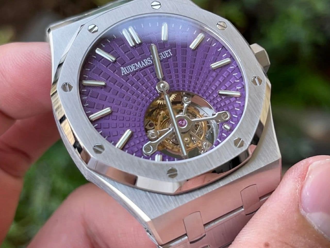 Royal Oak PVD Tourbillon R8F v2 Best Edition SS Sunburst Tapisserie Purple Dial on PVD Bracelet (Copy)