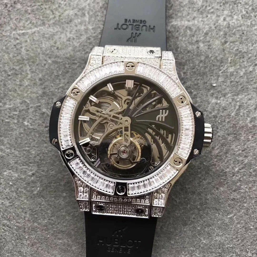 Big Bang Diamond Gold Bezel Skeleton Tourbillon on Black Rubber Strap