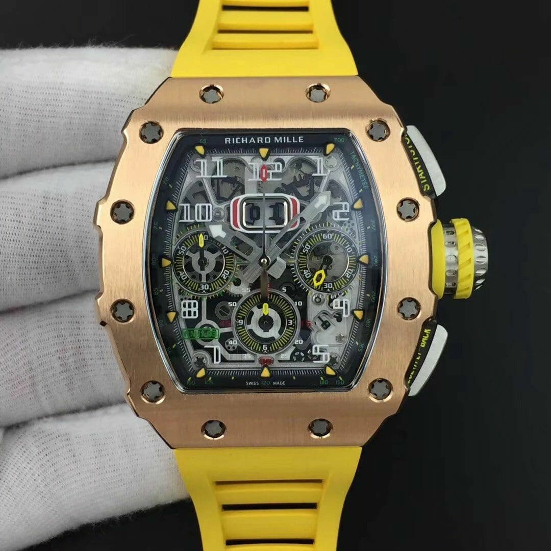 RM011 RG Chrono KVF 1:1 Best Edition Crystal Dial Black on Yellow Rubber Strap A7750 V3