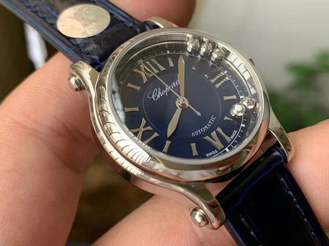 Happy Sport 36mm SS OXF 1:1 Best Edition Diamonds Bezel Blue Dial on Blue Leather Strap A2892