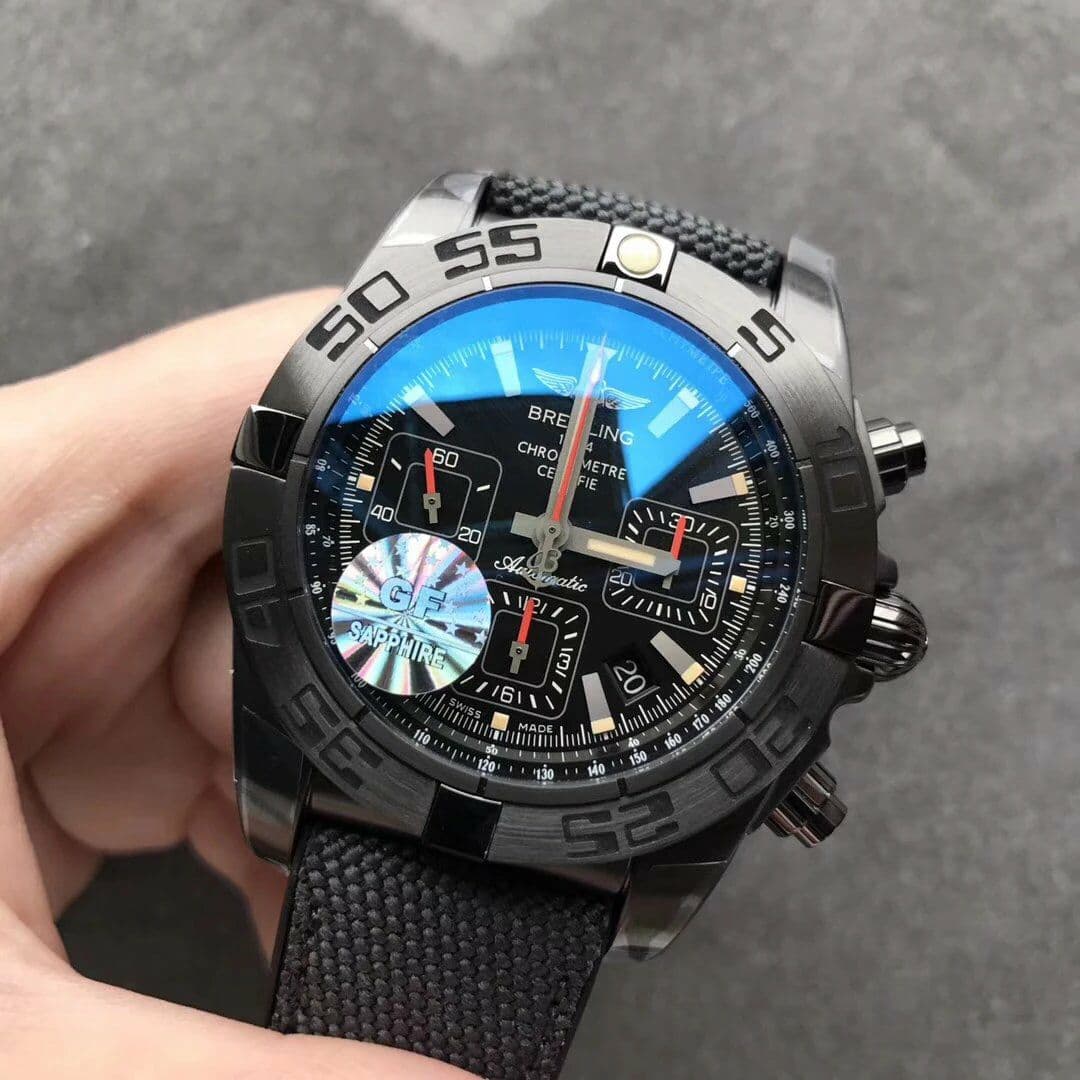Chronomat 44mm Blacksteel GF 1:1 Special Edition Black Dial on Black Rubber Strap A7750