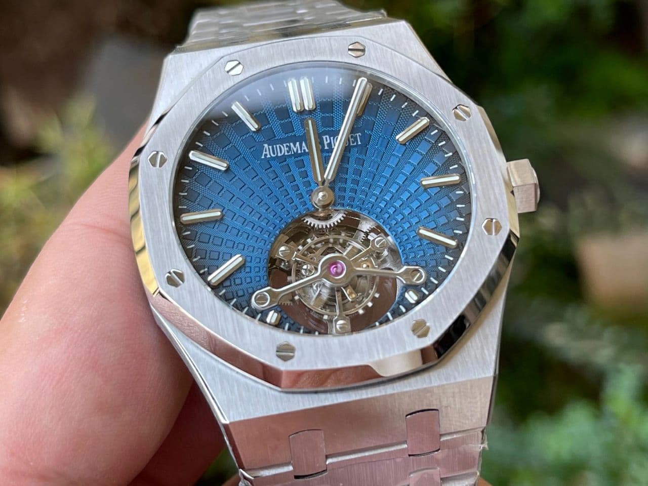 Royal Oak PVD Tourbillon R8F v2 Best Edition SS Sunburst Tapisserie Blue Dial on PVD Bracelet