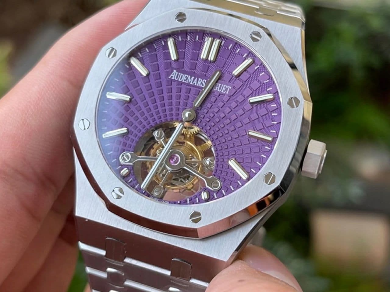 Royal Oak PVD Tourbillon R8F v2 Best Edition SS Sunburst Tapisserie Purple Dial on PVD Bracelet (Copy)